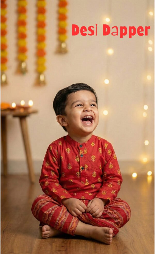 Red Floral Print Boys Dhoti Kurta Set