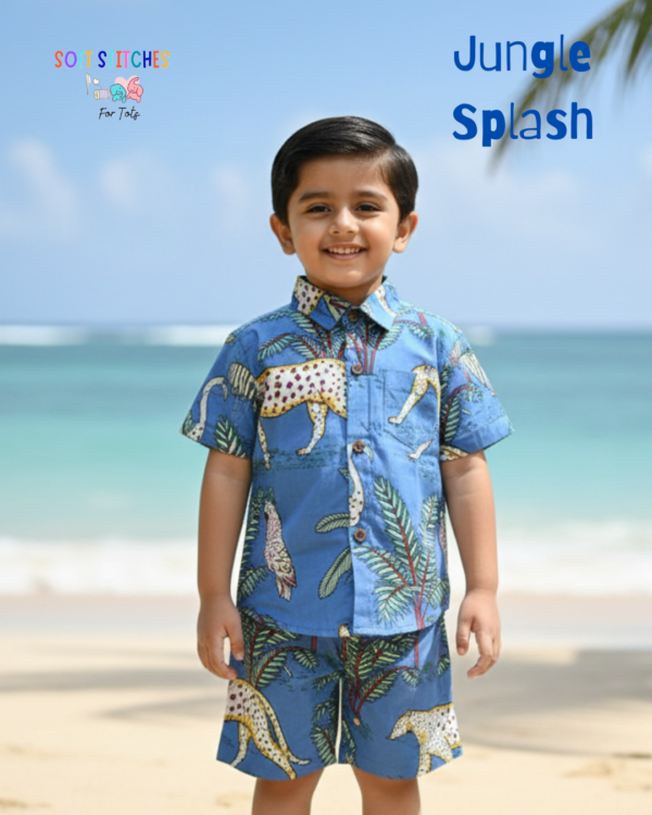 Boys Jungle Print Blue Cotton Coord Set with Shirt & Shorts