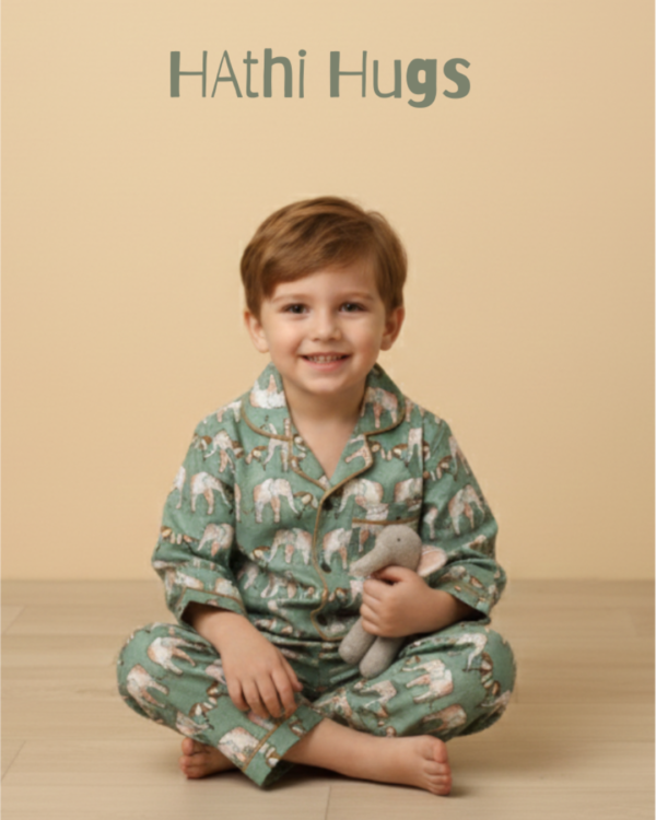 Green Elephant Print Boys Cotton Nightsuit