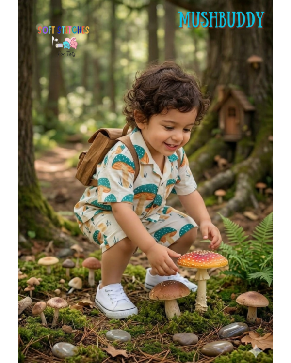 Mush Buddy Boys Mushroom Print Cotton Cord Set – Summer Soft Shirt & Elastic Shorts