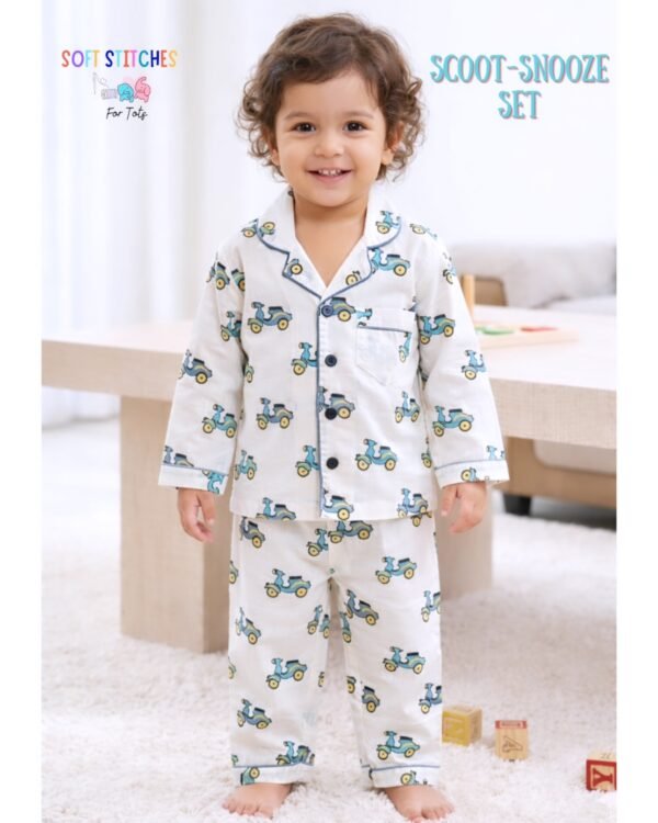 Scoot Snooze Unisex Cotton Nightwear Set – Scooter Print Full Sleeve Shirt & Pajama Set