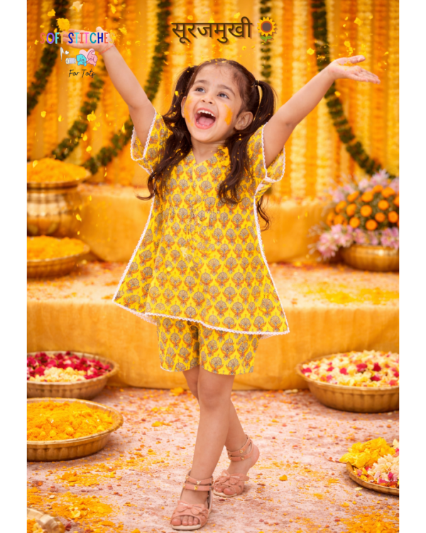Suraj mukhi Girls Yellow Cotton Kaftan Set – Lace Detail Top with Shorts
