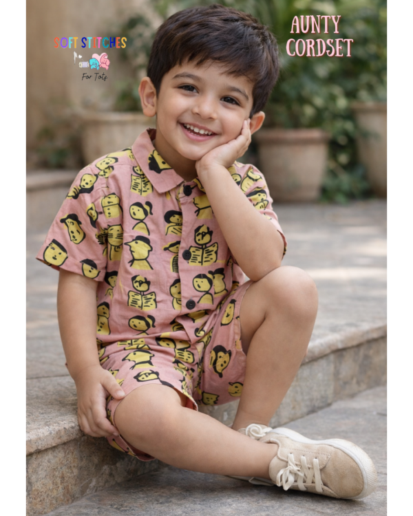 Aunty Mood Unisex Cotton Cord Set – Baby Pink Printed Shirt & Shorts Set