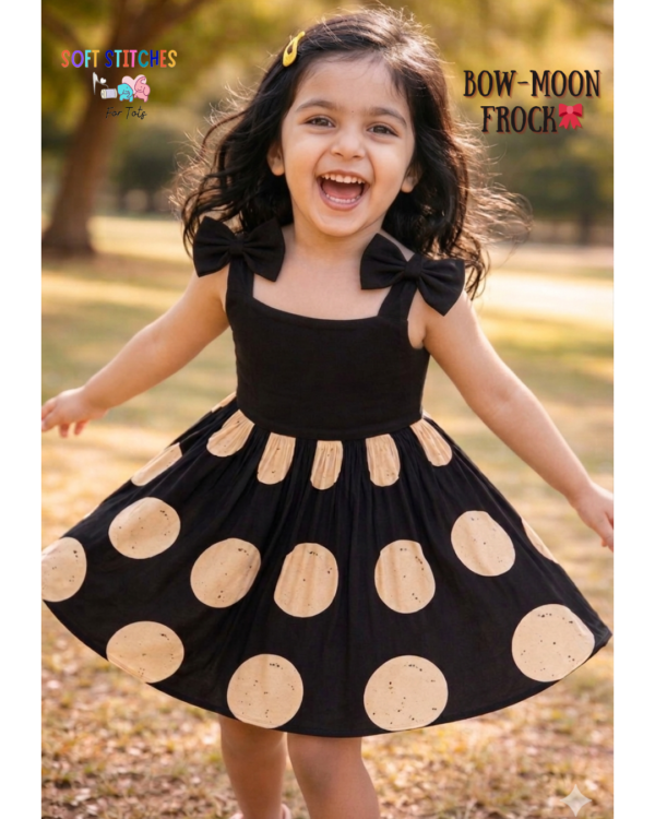 Black Moon Girls Cotton Frock – Bow Strap Party Wear & Everyday Dress