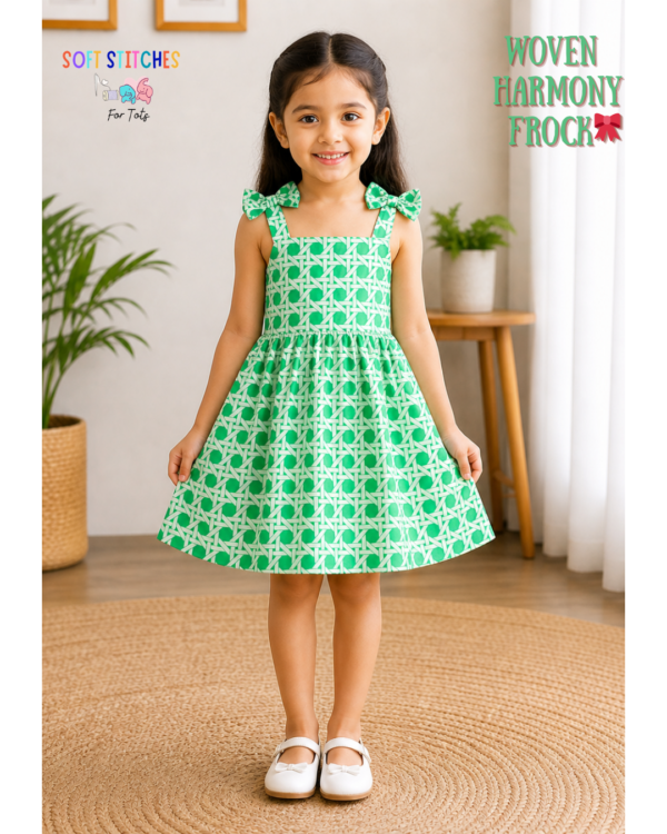Green Aura Girls Cotton Frock – Geometric Print Bow Strap Party Dress